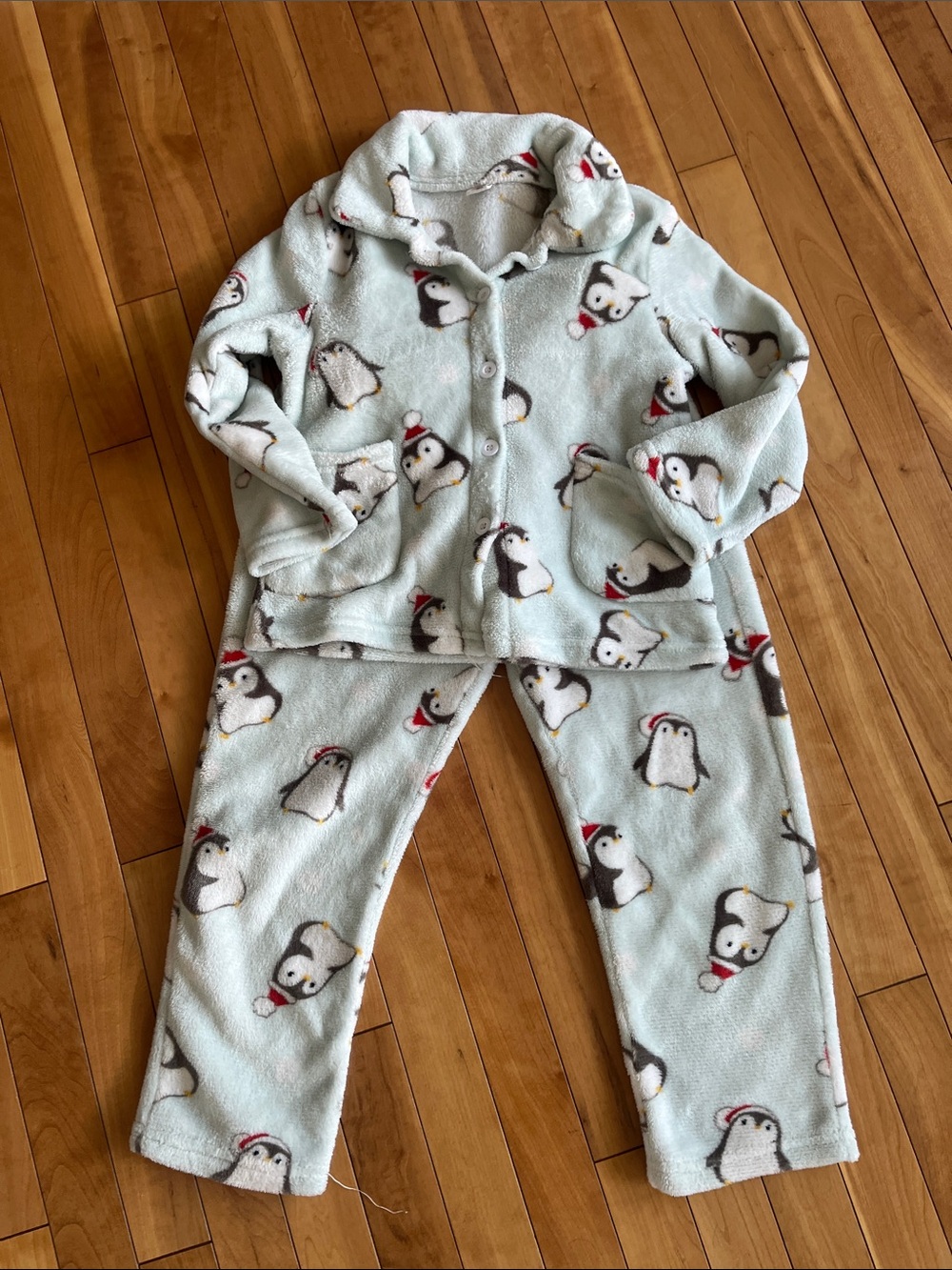Kids Plush Penguin Print Pajama Set - Light blue
